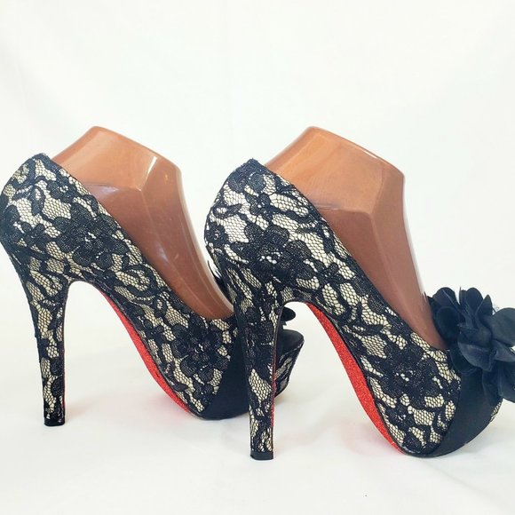 Mojo Moxy Black Floral Lace Platform Stiletto Glitter Heels Size 9 SH1346 - Picture 7 of 8